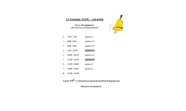 Zmieniony harmonogram dzwonków w dniu 13.09