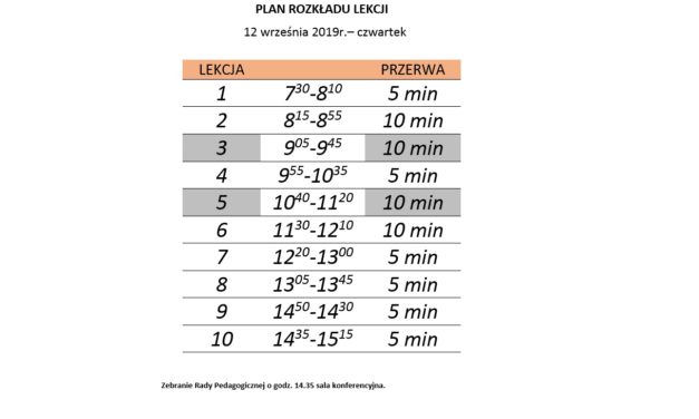 Zmieniony rozkład dzwonków (12.09)